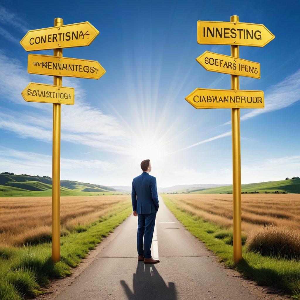 A determined individual standing at a crossroads with vibrant signposts labeled 'Investing', 'Saving', 'Budgeting', and 'Spending' leading in different directions. A clear blue sky reflects hope and ambition, while gold coins and dollar bills gently fall around. The scene radiates positivity and strategic thinking in managing finances. super-realistic. vibrant colors. white background.