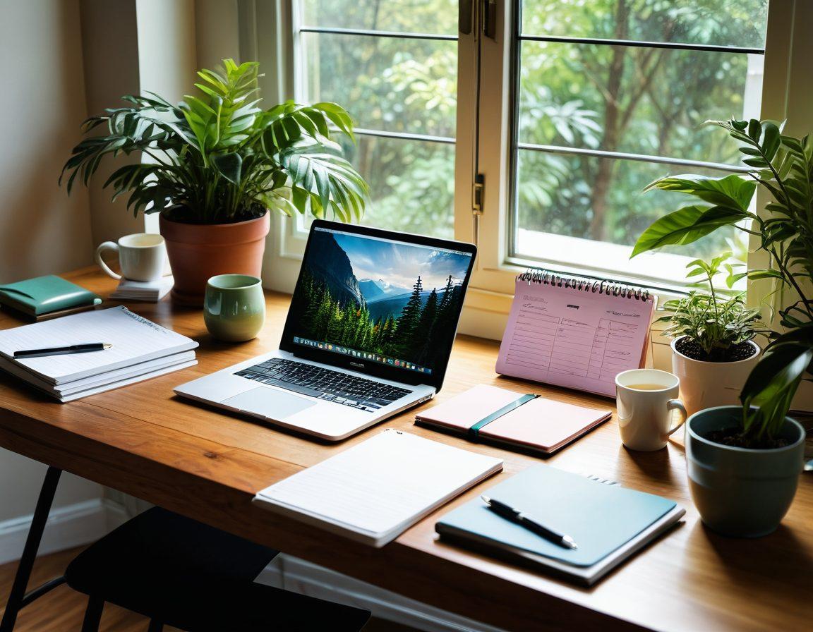 A serene scene of a person sitting at a wooden desk, focused on budgeting with notebooks, a laptop, and coffee, surrounded by plants, piggy banks, and a vision board filled with aspirations like travel and savings. Soft sunlight filters through a window, emphasizing a peaceful yet productive atmosphere. super-realistic. vibrant colors. warm lighting.